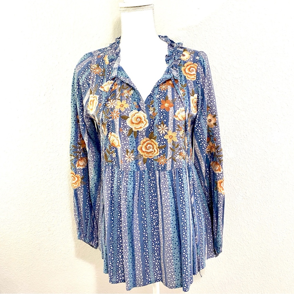 Savanna Jane Blue and Orange Floral Blouse, Size Small, Embroidered, Boho, Rayon